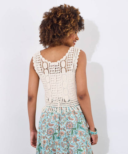 Women Fringed Openwork Crochet Outerwear Fitted V Neck Sleeveless Vest Top