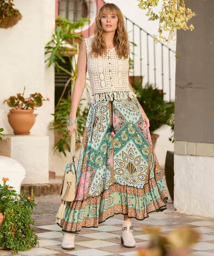 Women Fringed Openwork Crochet Outerwear Fitted V Neck Sleeveless Vest Top