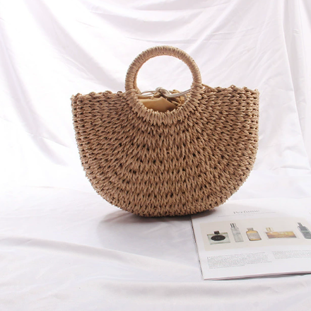 Semicircle Straw Bag Vacation Beach Bag Summer South Korea Simple Handheld Woven Bag Rattan Women Bag - GLAMWEARS