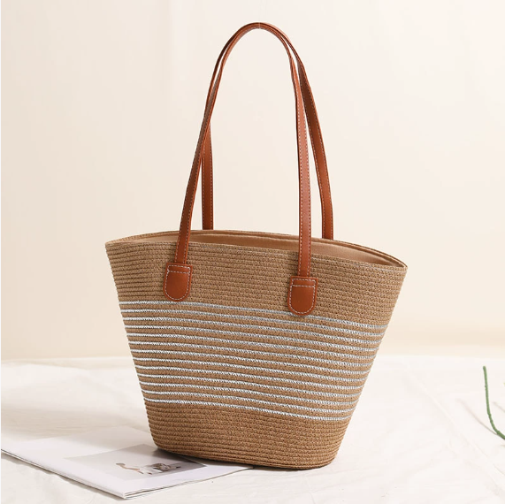 Gold Silver Thread Striped Straw Bag One Shoulder Woven Bag Vacation Beach Bag Women Bag - GLAMWEARS