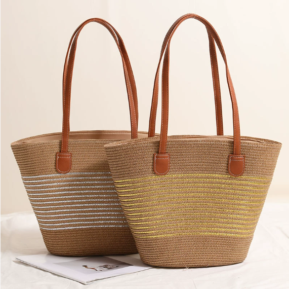 Gold Silver Thread Striped Straw Bag One Shoulder Woven Bag Vacation Beach Bag Women Bag