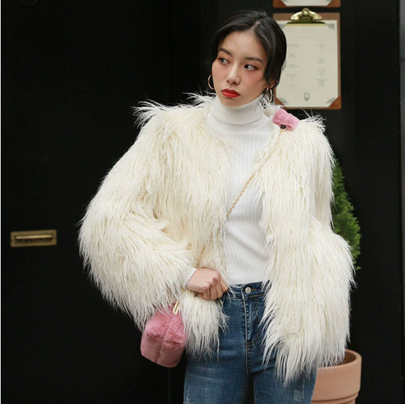 Autumn Winter Imitated Tibet Sheep Fur Fur Coat Women Mid Length Slim Fit Fashionable Slimming Lamb Long Fur Wool Coat