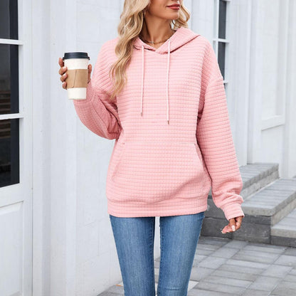 Autumn Winter Solid Color Hooded Pocket Loose Long Sleeve Sweatershirt Coat for Women