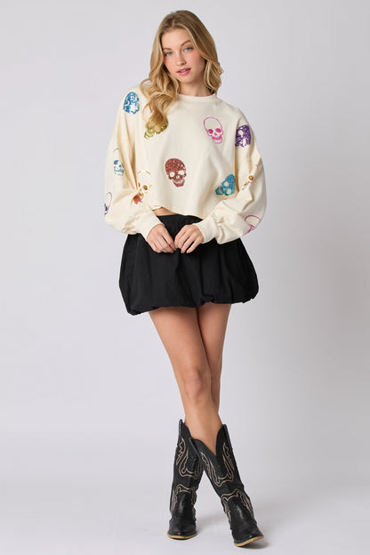 Autumn Winter Women Halloween Skull Sequined Top Loose Fitting Casual Pullover Women