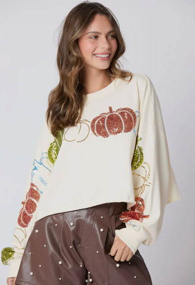 Autumn Winter Women Halloween Pumpkin Sequined Top Long Sleeve Pullover Hoodie Women