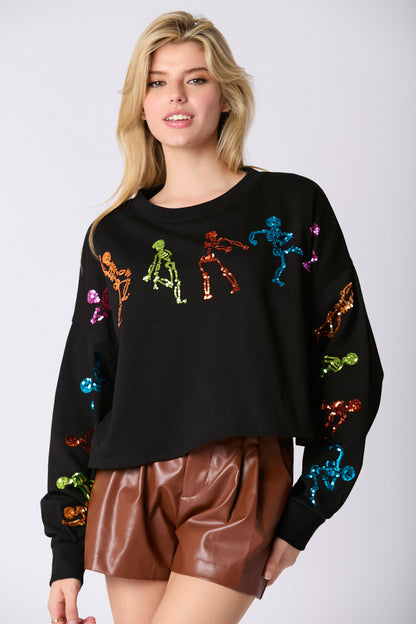 Autumn Winter Women Halloween Skull Sequined Top Loose Fitting Casual Pullover Women