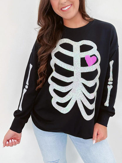 Autumn Winter Women Clothing Halloween Skull Sequined Top Long Sleeve Pullover Hoodie Women