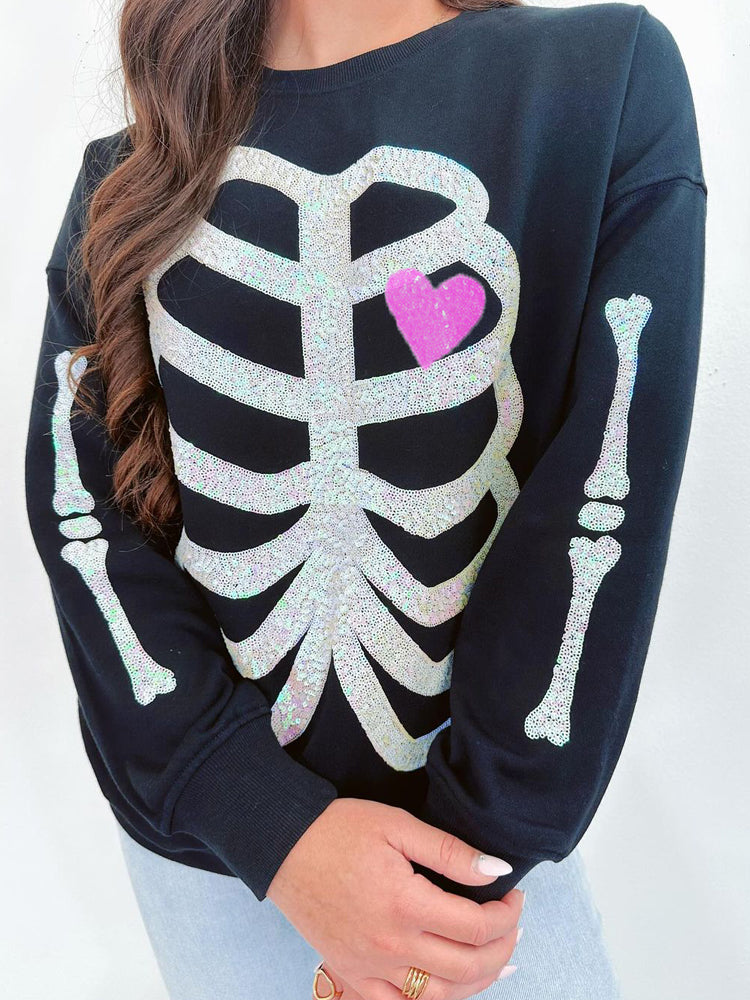 Autumn Winter Women Clothing Halloween Skull Sequined Top Long Sleeve Pullover Hoodie Women