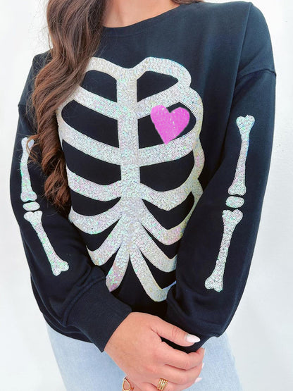 Autumn Winter Women Clothing Halloween Skull Sequined Top Long Sleeve Pullover Hoodie Women