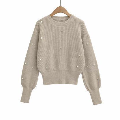 Women Clothing Early Spring Sequin Decoration Solid Color Pullover Sweater