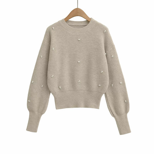 Women Clothing Early Spring Sequin Decoration Solid Color Pullover Sweater