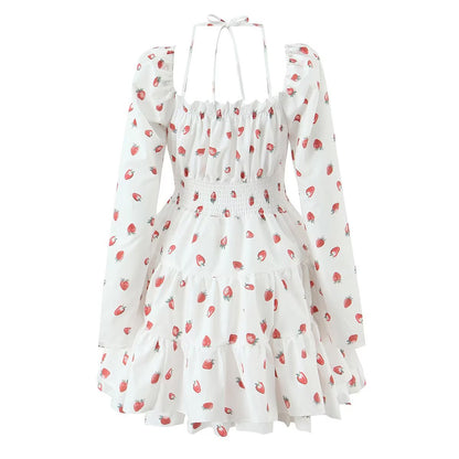 Summer French Sweet Girl Casual Strawberry Printed Square Collar Puff Sleeve Waist Tight Dress