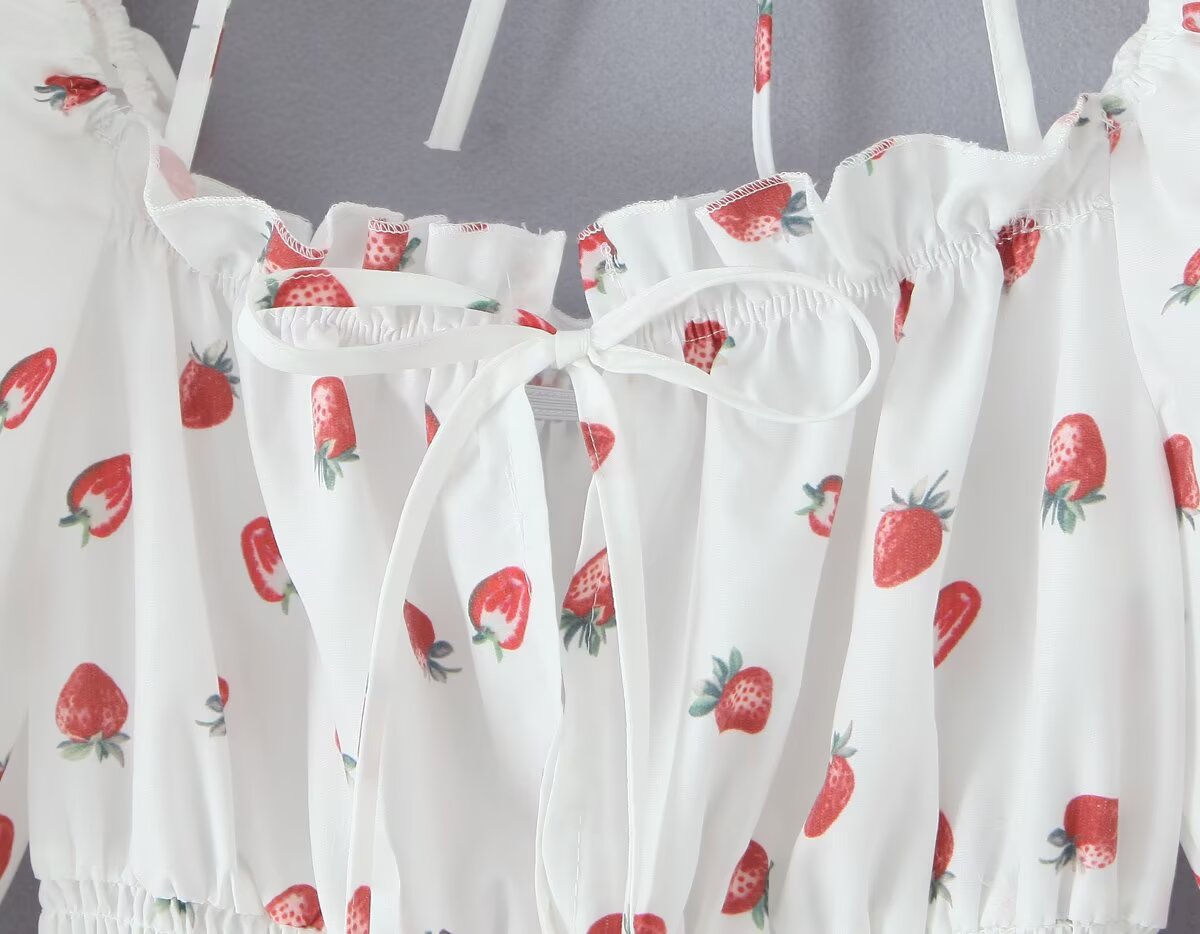 Summer French Sweet Girl Casual Strawberry Printed Square Collar Puff Sleeve Waist Tight Dress
