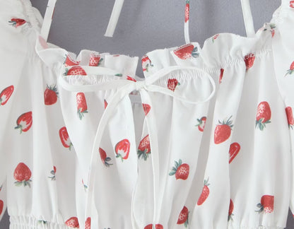 Summer French Sweet Girl Casual Strawberry Printed Square Collar Puff Sleeve Waist Tight Dress