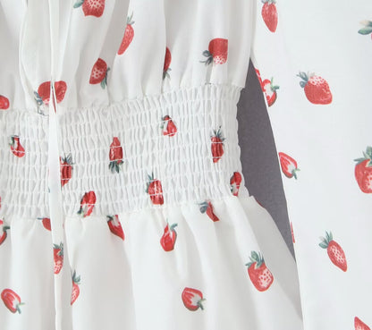 Summer French Sweet Girl Casual Strawberry Printed Square Collar Puff Sleeve Waist Tight Dress