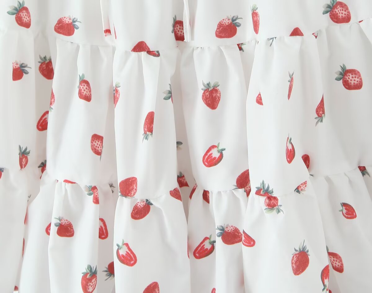 Summer French Sweet Girl Casual Strawberry Printed Square Collar Puff Sleeve Waist Tight Dress