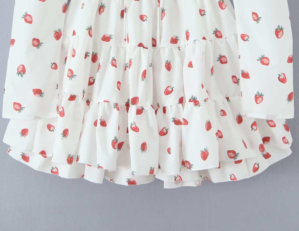 Summer French Sweet Girl Casual Strawberry Printed Square Collar Puff Sleeve Waist Tight Dress