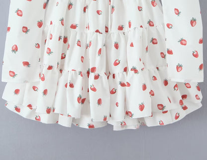 Summer French Sweet Girl Casual Strawberry Printed Square Collar Puff Sleeve Waist Tight Dress