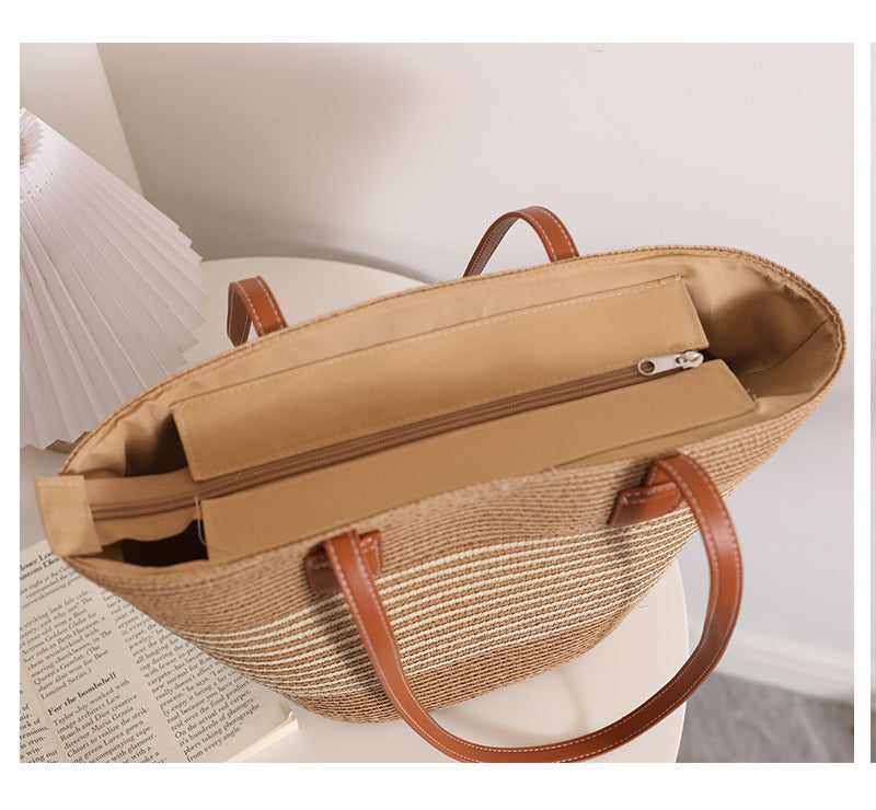 Simple Shoulder Straw Bag Woven Bag Summer Large Capacity Casual All Match Women Seaside Beach Rattan Woven Bag - GLAMWEARS