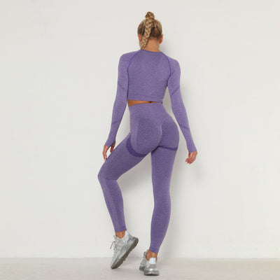 Seamless Yoga Suit Sweat-Absorbent Hip Lifting High Waist Fitness Pants Women Tight Long Sleeve Sports Suit