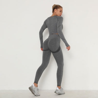 Seamless Yoga Suit Sweat-Absorbent Hip Lifting High Waist Fitness Pants Women Tight Long Sleeve Sports Suit