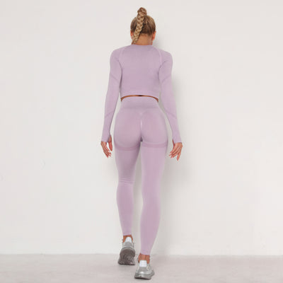 Seamless Yoga Suit Sweat-Absorbent Hip Lifting High Waist Fitness Pants Women Tight Long Sleeve Sports Suit