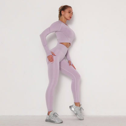 Seamless Yoga Suit Sweat-Absorbent Hip Lifting High Waist Fitness Pants Women Tight Long Sleeve Sports Suit
