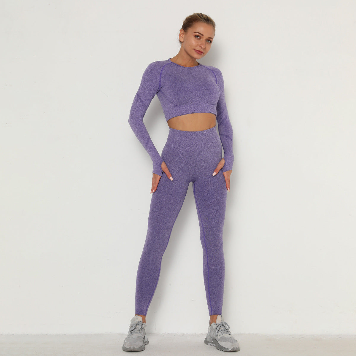 Seamless Yoga Suit Sweat-Absorbent Hip Lifting High Waist Fitness Pants Women Tight Long Sleeve Sports Suit