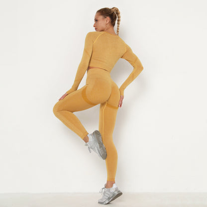 Seamless Yoga Suit Sweat-Absorbent Hip Lifting High Waist Fitness Pants Women Tight Long Sleeve Sports Suit