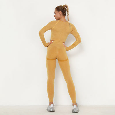 Seamless Yoga Suit Sweat-Absorbent Hip Lifting High Waist Fitness Pants Women Tight Long Sleeve Sports Suit