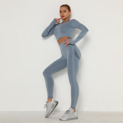 Seamless Yoga Suit Sweat-Absorbent Hip Lifting High Waist Fitness Pants Women Tight Long Sleeve Sports Suit