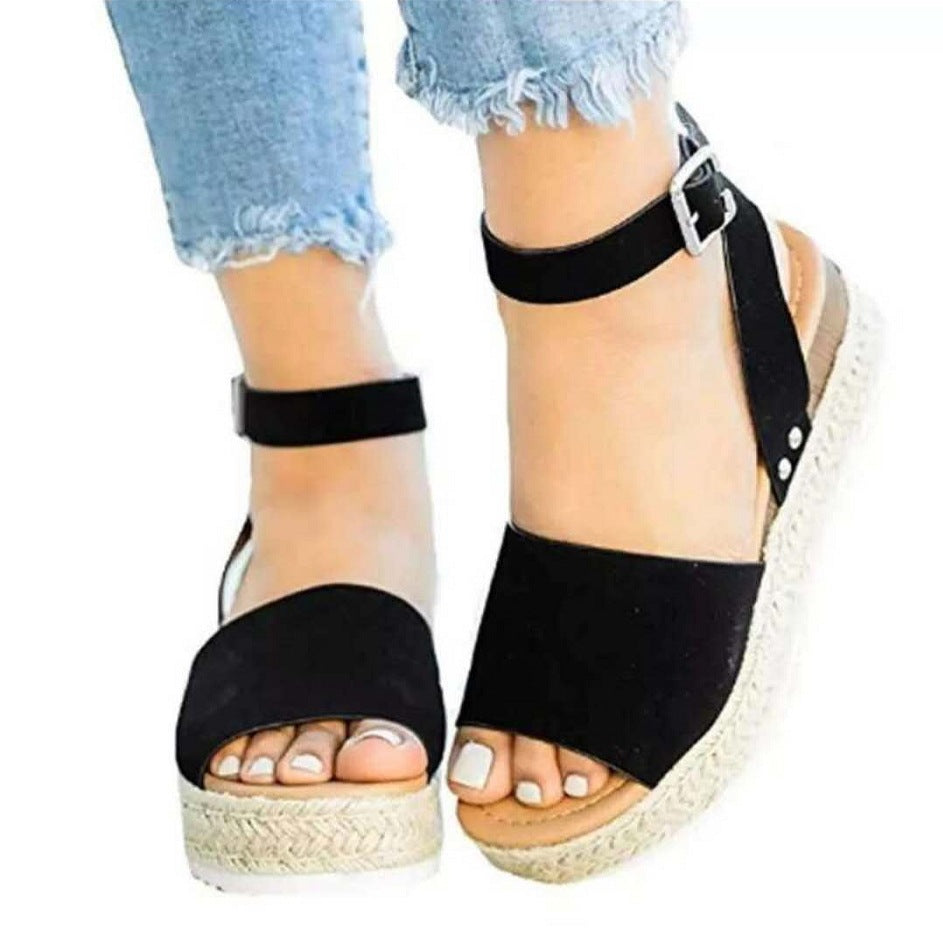 plus Size Summer Platform Heel Buckle Sandals Women Leopard Print Hemp Rope Woven Wedge - GLAMWEARS