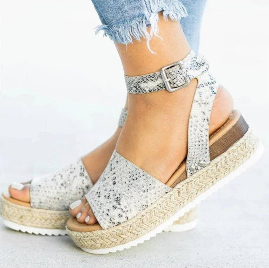 plus Size Summer Platform Heel Buckle Sandals Women Leopard Print Hemp Rope Woven Wedge