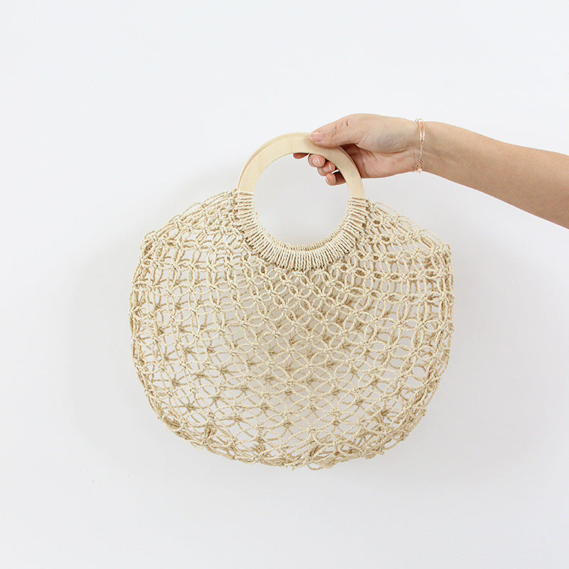 Hollow Out Cutout Straw Bag Fairy Mesh Woven Bag round Wooden Handle Casual Hand Holding Women Bag Beach Bag - GLAMWEARS