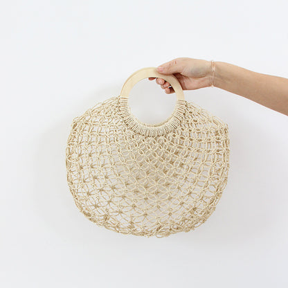 Hollow Out Cutout Straw Bag Fairy Mesh Woven Bag round Wooden Handle Casual Hand Holding Women Bag Beach Bag