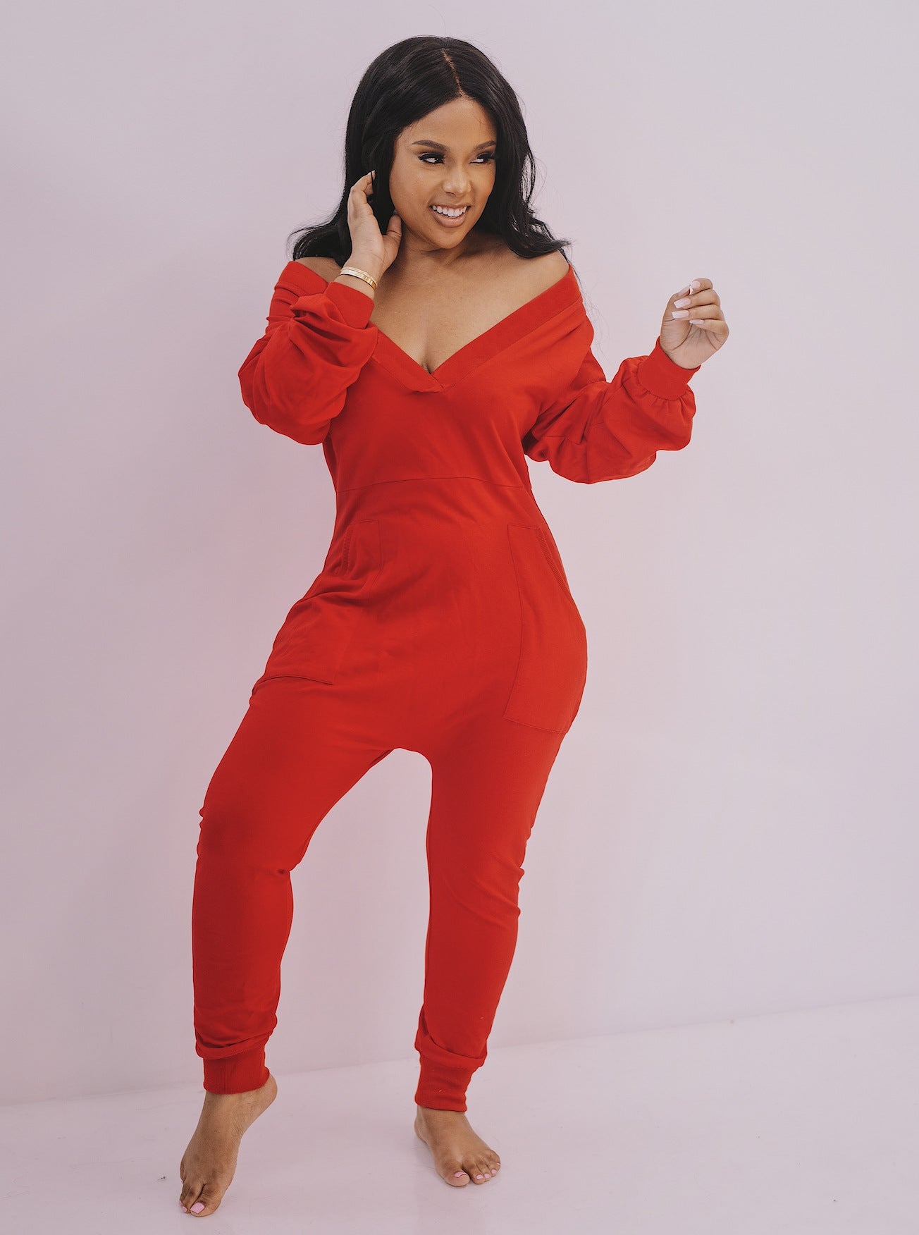 Women Clothing V neck Jumpsuit Sexy Sweatshirt Jumpsuit Long Sleeve Autumn Winter Pajamas