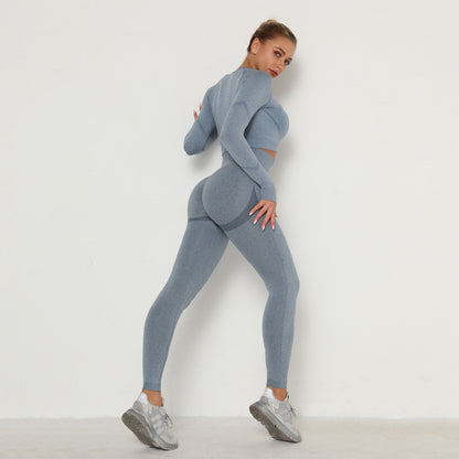 Seamless Yoga Suit Sweat-Absorbent Hip Lifting High Waist Fitness Pants Women Tight Long Sleeve Sports Suit