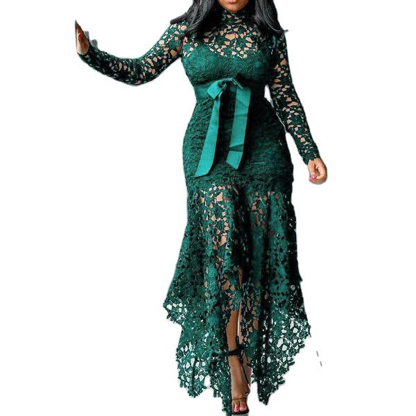 Women Clothing Wish Lace Hollow Out Cutout out Long Sleeve Stand-up Collar Tie 5 Colors Irregular Asymmetric Plus size