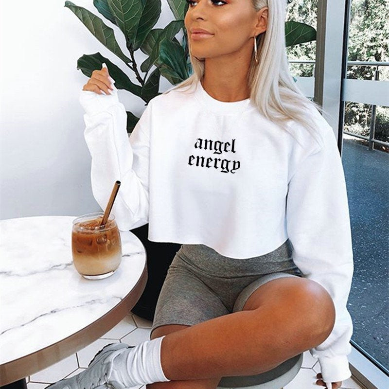 Women Clothing Angel Letter Graphic Printed Long Sleeve Short Women Sweatshirt