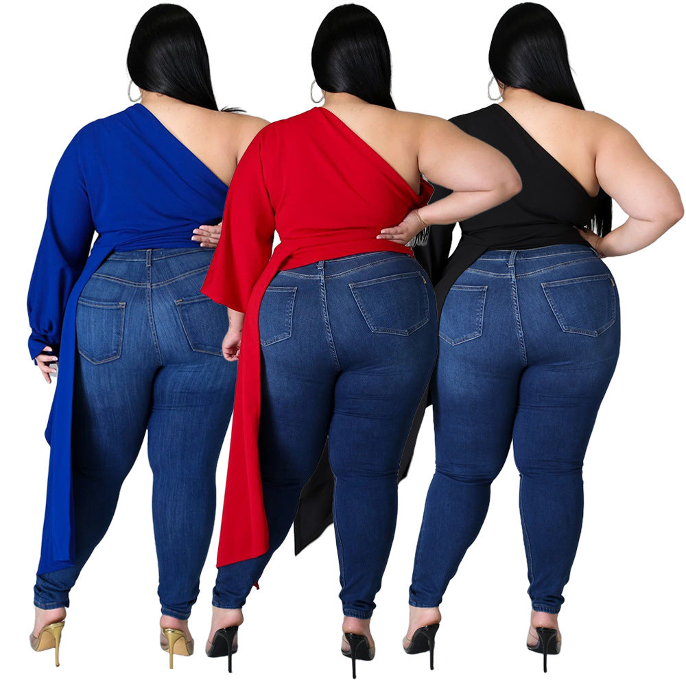 Plus Size Women Solid Color Oblique Shoulder Puff Sleeve Asymmetric Top