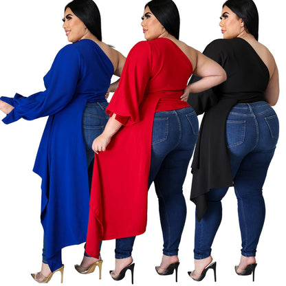 Plus Size Women Solid Color Oblique Shoulder Puff Sleeve Asymmetric Top