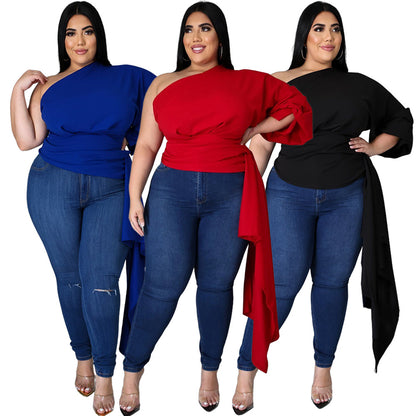 Plus Size Women Solid Color Oblique Shoulder Puff Sleeve Asymmetric Top