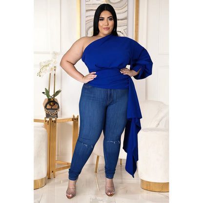 Plus Size Women Solid Color Oblique Shoulder Puff Sleeve Asymmetric Top