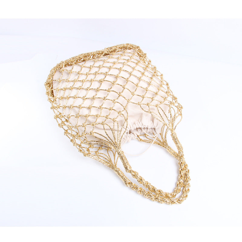 Gold Silver Color Hollow Out Cutout Portable Straw Weaved Bag Hand Carrying Woven Bag Vacation Beach Bag Women Bag - GLAMWEARS