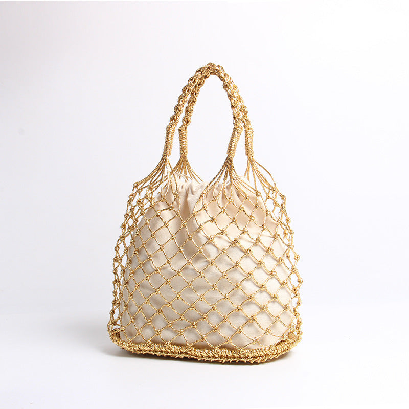 Gold Silver Color Hollow Out Cutout Portable Straw Weaved Bag Hand Carrying Woven Bag Vacation Beach Bag Women Bag - GLAMWEARS