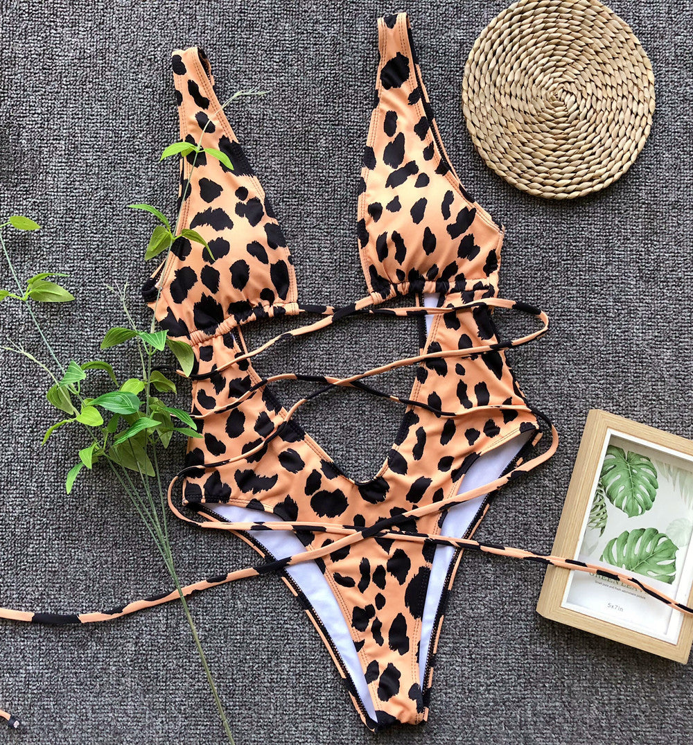 Bikini Leopard Print Hollow Out Cutout Out Strap One-piece Swimsuit