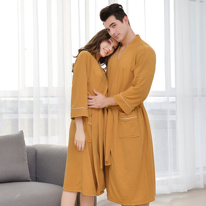 Spring Autumn Thickened Men Lady Couple Nightgown Korean-Style Three-Quarter Sleeve Absorbent Waffle Nightgown