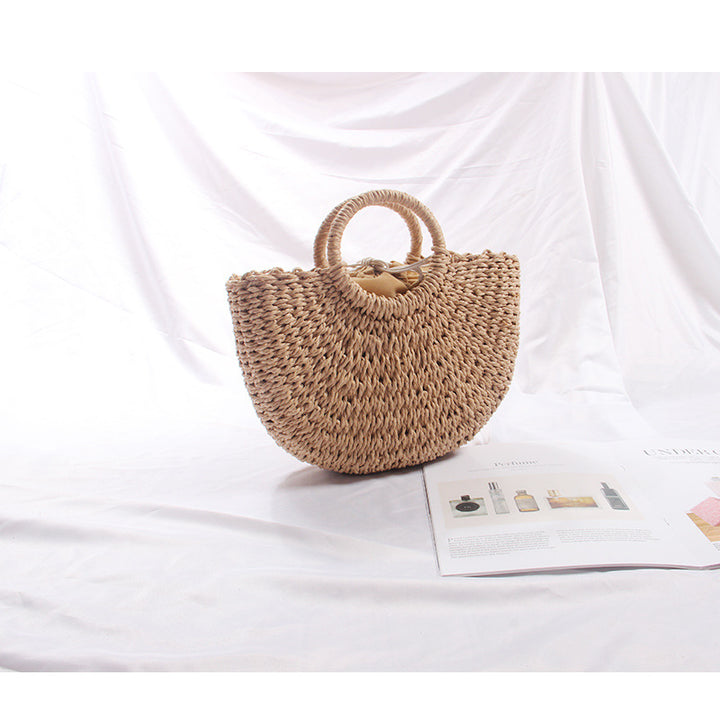 Semicircle Straw Bag Vacation Beach Bag Summer South Korea Simple Handheld Woven Bag Rattan Women Bag - GLAMWEARS