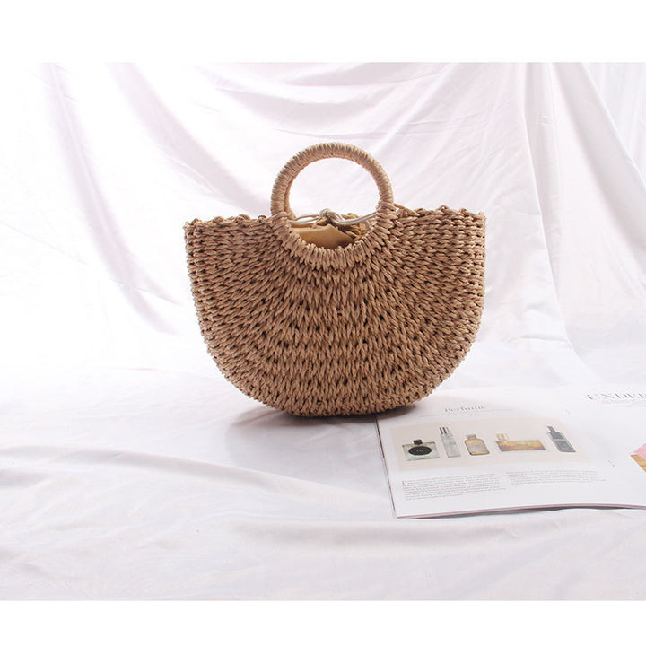 Semicircle Straw Bag Vacation Beach Bag Summer South Korea Simple Handheld Woven Bag Rattan Women Bag - GLAMWEARS