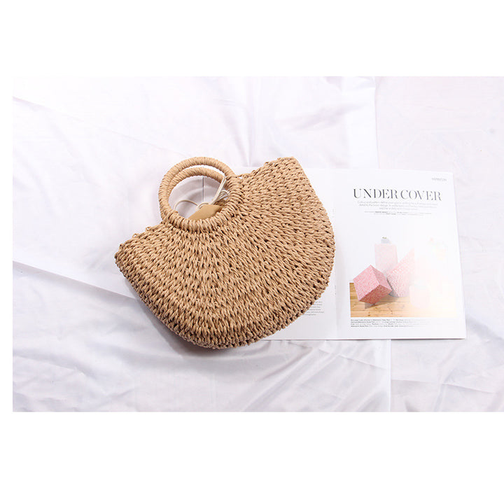 Semicircle Straw Bag Vacation Beach Bag Summer South Korea Simple Handheld Woven Bag Rattan Women Bag - GLAMWEARS